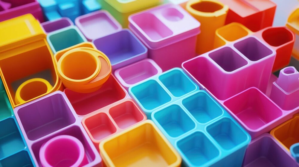 Kolorowe pojemniki i elementy z tworzyw sztucznych w różnych kształtach i rozmiarach – przykłady detali wykonanych metodą formowania wtryskowego
